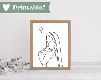 Mary and Baby Jesus Line Art Print | Modern Nativity (Digital Download)