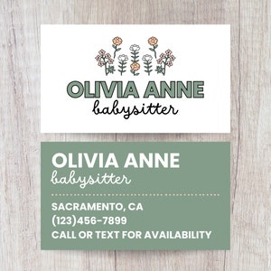 Fully Editable Boho Floral Babysitter Contact Card Template, Printable Business Card, Instant Download, Canva Design, Editable Card