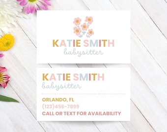 Fully Editable Simple Floral Babysitter Contact Card Template, Printable Business Card, Instant Download, Canva Design, Editable Card