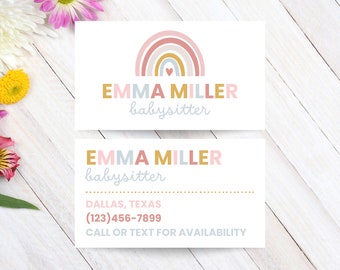 Fully Editable Sweet Rainbow Babysitter Contact Card Template, Printable Babysitter Business Card, Instant Download, Canva Design