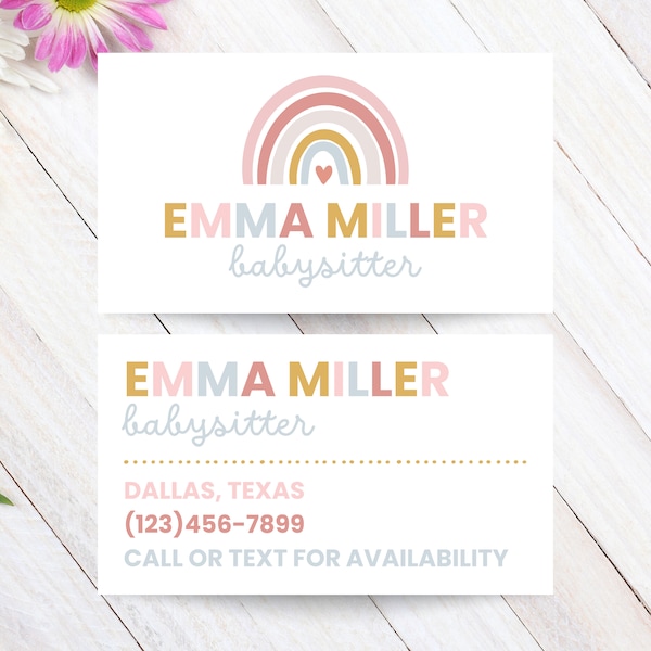 Fully Editable Sweet Rainbow Babysitter Contact Card Template, Printable Babysitter Business Card, Instant Download, Canva Design