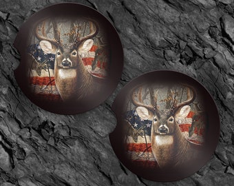 WHITETAIL DEER CUSTOM RUBBER CAR COASTER SET 2 HUNTING FOR CUP HOLDER 