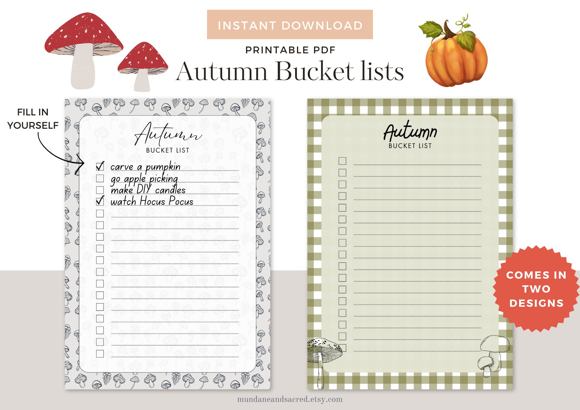 Autumn Bucket List Printable - Set of 2 Designs, Fillable Autumn Bucket ...