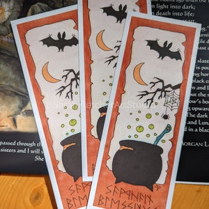 Halloween Samhain Cauldron Bookmark Bat Spider Cobweb Moon Bubbles Witches Potion Runes From Original Watercolour Samhain Blessings Spells
