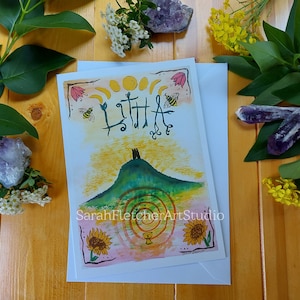Litha Cartão de felicitações de verão em branco dentro de Glastonbury Tor Espiritual Pagão Ocasião Impressão em aquarela Girassóis Roda do cálice do ano