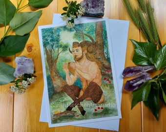 Pan God of the Wild Greeting Card Blank inside Spiritual Pagan Occasion Watercolour Art Print Greenman Woodland Mushrooms Trees Flute Nymphs