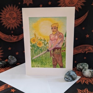Cartão de arte Lugh Cartão de saudação em branco com impressão em aquarela Deus celta da magia e da luz Altar Meditação Girassóis Sol Espada Histórias pagãs