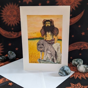 Tarjeta de arte de Mabon Tarjeta de felicitación en blanco con impresión de acuarela Equinoccio de otoño Dios galés y su perro de caza Drudwyn en busca de la Twrch Trwth