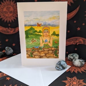 Goddess Eostre at the Ostara Sabbat Art Card Watercolour print greeting card Altar Meditation Easter Magick Spring Hare Butterfly Eggs