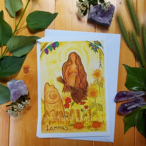 Tarjeta de felicitación de la diosa Deméter en Lammas, interior en blanco, cosecha de grano, espiritual, pagano, ocasión, rueda del año, impresión artística en acuarela, altar