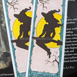 Samhain Halloween Witch Bookmark Broomstick Full Moon Naked Tree Flying Samhain Blessings From Original Watercolour Artwork Witchcraft Magic