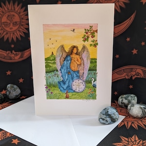 Tarjeta de arte del Arcángel Miguel, tarjeta de felicitación con impresión de acuarela, tarjeta de meditación para el altar, Glastonbury Tor, Torre de San Miguel, Ángel, Garza, Vencejos