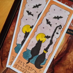 Samhain Cat Bookmark Halloween Bats Witches Broom Full Moon Stars Spider Theban Script Samhain Blessings From Watercolour Artwork Accessory