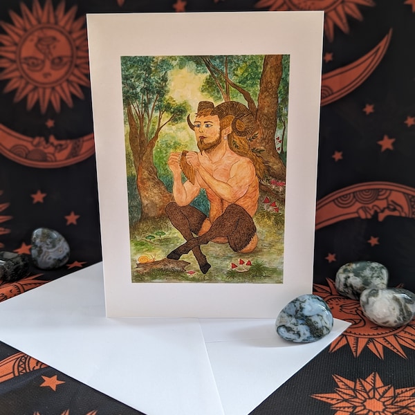 Pan A6 Art Card Watercolour print greeting blank card Magick Altar Meditation Greek God of the Wild, Flute player nymphs rustic music flocks