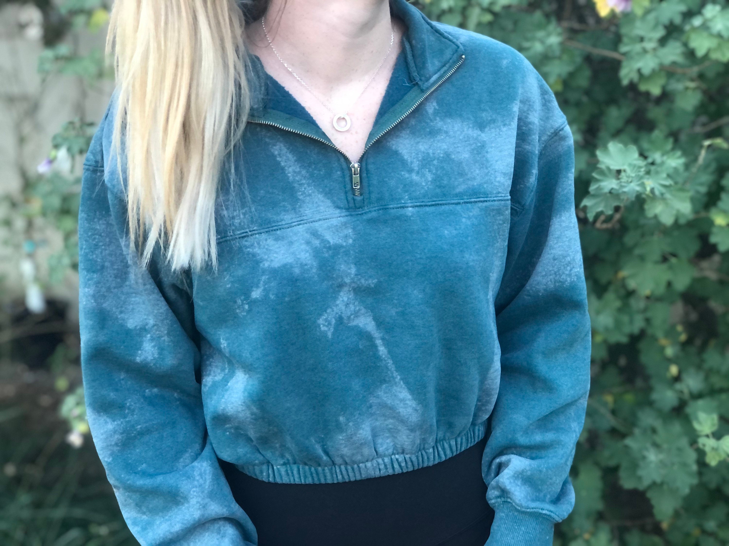 Teal Acid Wash Crop 1 4 Zip Bleach Crop Zip Up