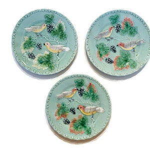 Set of 3 German Blue Bird Plates/Embossed Grapes / Birds / Small Bird Plates / Vintage German Plates