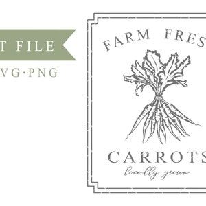 Puede incluir: Una ilustración en blanco y negro de un manojo de zanahorias con hojas verdes. El texto "FARM FRESH CARROTS locally grown" está en un rectángulo negro con borde blanco.