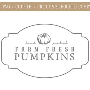 May include: A gray, stylized graphic featuring a pumpkin illustration and the words "Farm Fresh Pumpkins" within a decorative frame. The text "hand picked" is above the words "Farm Fresh". The image also includes the text "SVG • PNG • CUT FILE • CRICUT & SILHOUETTE COMPATIBLE".
