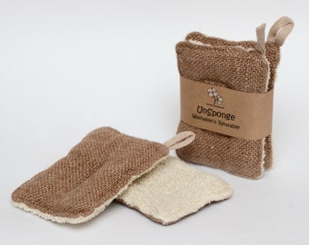 Plastic-free Long-life sponge; Unsponge; Cotton dishwashing sponge;  Cotton  and Jute sponge; Brown; Re-used coffee sacks and cotton sponge