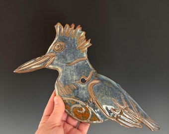 Handmade ceramic bird wall hanging. This can be hung indoor or out. Kingfisher design. (Boysenberry Glaze)