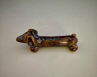 Handmade ceramic weiner dog (dachshund) sculpture. Free standing. (Double Dip Glaze)