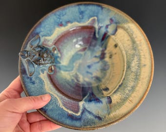 Handmade wheel thrown bowl with hand sculpted sea turtle