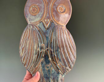 Handmade ceramic owl wall hanging. This can be hung indoor or out. (Double Dip Glaze)