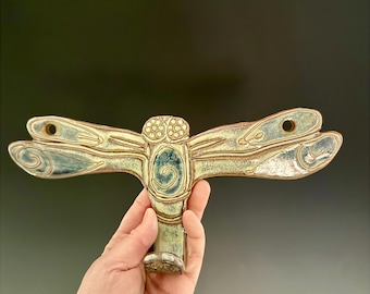 New Design! Handmade ceramic dragonfly wall hanging hook. This can be hung indoor or out.