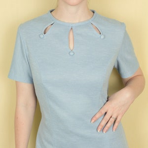 1960s 1970s Dusky Blue Tunic Top Dress Teardrop Cut-Out Short Sleeve Round Neck UK Size 12 14