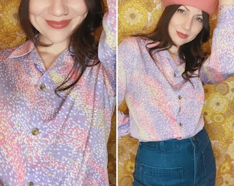 1970s Pastel Lilac Pink Yellow Shirt Blouse Button Down Open Neck Shirt Pop Art Psych Mod Abstract UK 10 12 14 16