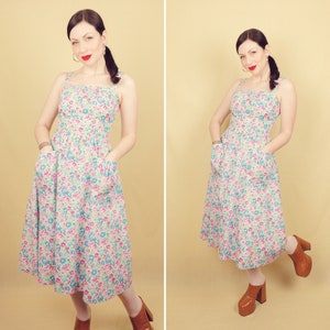 1970s Betty Barclay Floral Sun Dress Blue Pink Green Camisole Neck Front Pockets UK 8