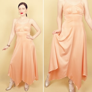1970s Peach Maxi Gown Handkerchief Dress Spaghetti Straps Empire Line UK 6 8