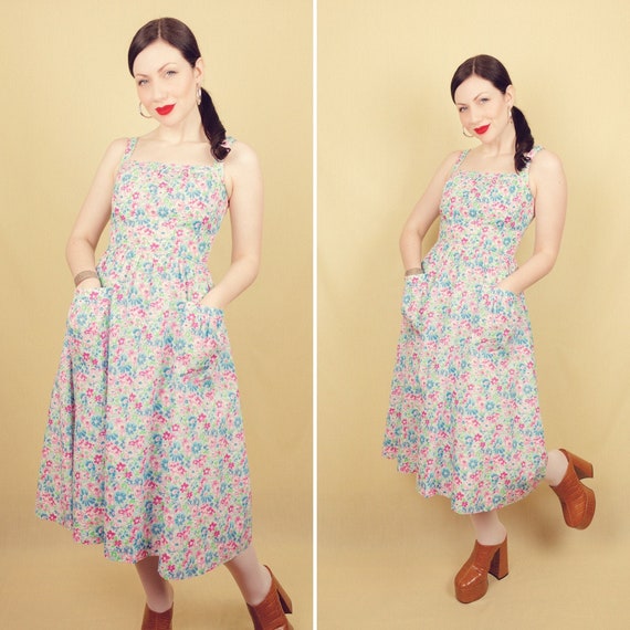 1970s Betty Barclay Floral Sun Dress Blue Pink Gr… - image 1