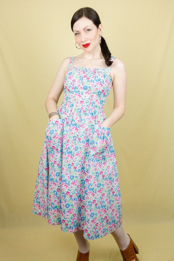1970s Betty Barclay Floral Sun Dress Blue Pink Gr… - image 4