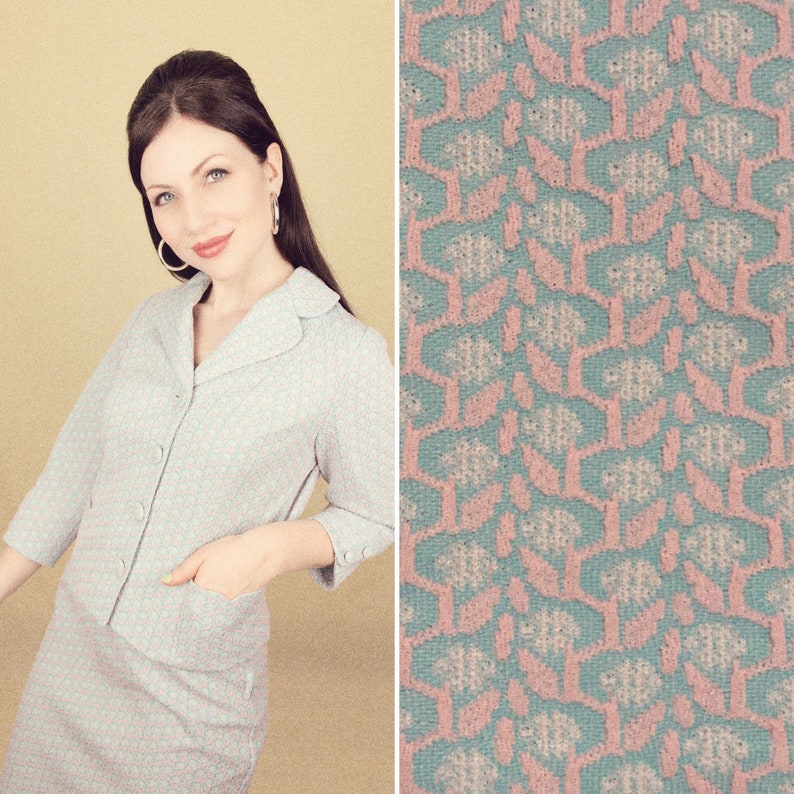 1960s Handmade Two Piece Skirt Suit Jacket Baby Pink Baby Blue Textured Crimplene