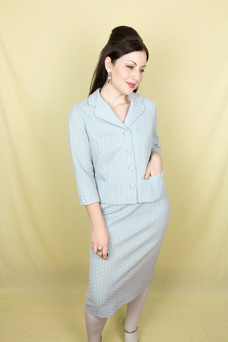 1960s Handmade Two Piece Skirt Suit Jacket Baby Pink Baby Blue Textured Crimplene