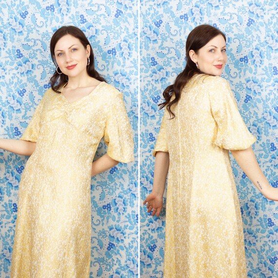 1960s 1970s Gold Lamé Brocade Maxi Dress Bishop Sl
