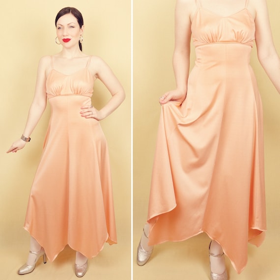 1970s Peach Maxi Gown Handkerchief Dress Spaghetti Straps Empire Line UK 6 8