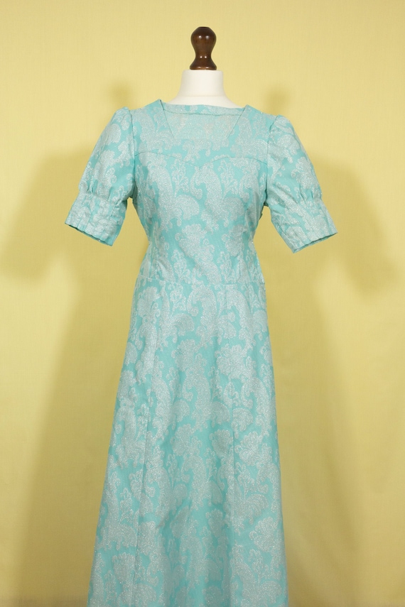 1960s Turquoise Aqua Brocade Maxi Dress Puff Sleev