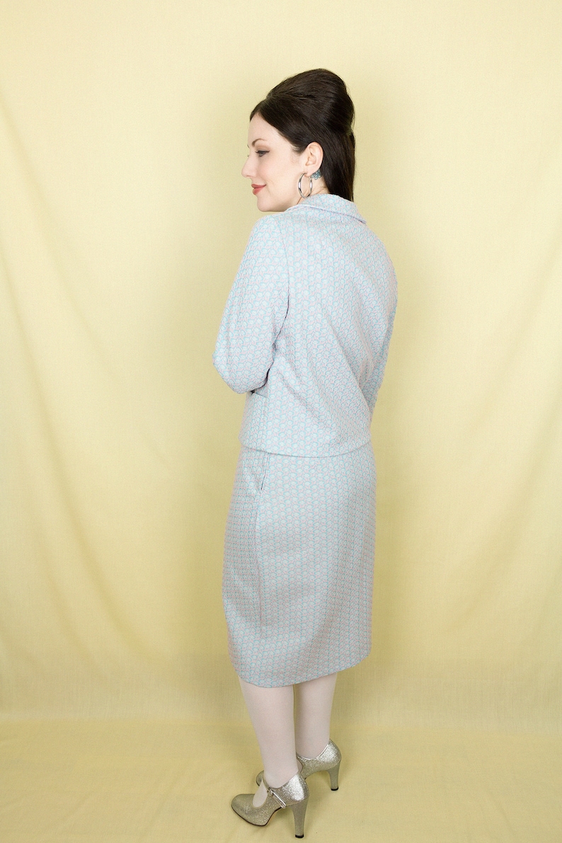 1960s Handmade Two Piece Skirt Suit Jacket Baby Pink Baby Blue Textured Crimplene