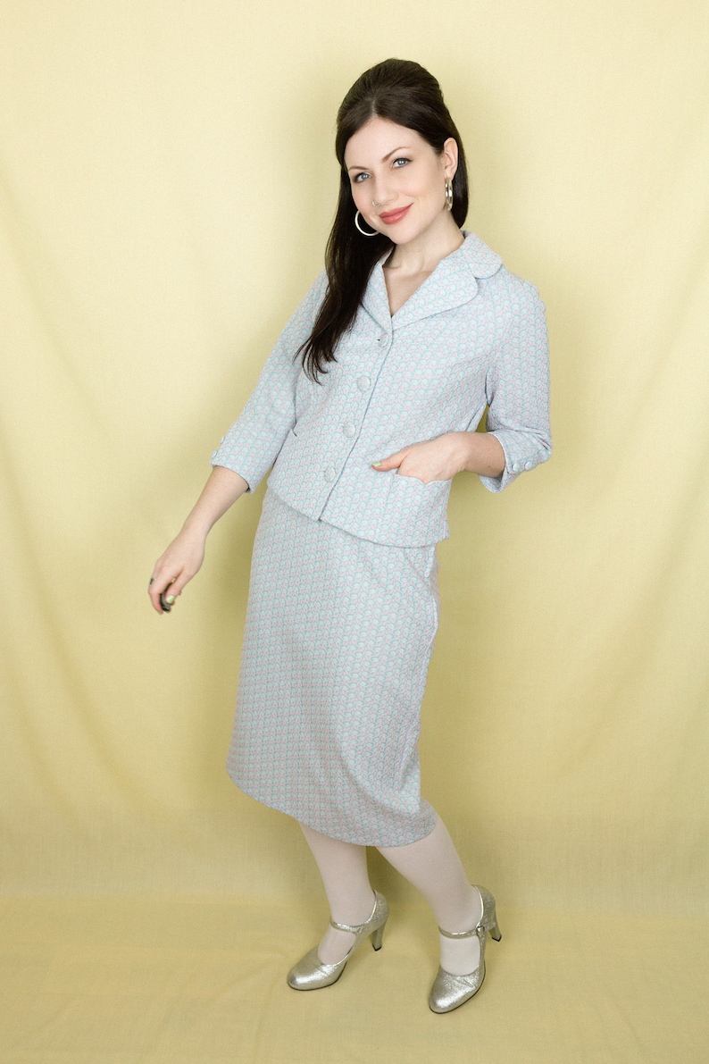 1960s Handmade Two Piece Skirt Suit Jacket Baby Pink Baby Blue Textured Crimplene