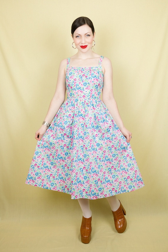 1970s Betty Barclay Floral Sun Dress Blue Pink Gr… - image 3