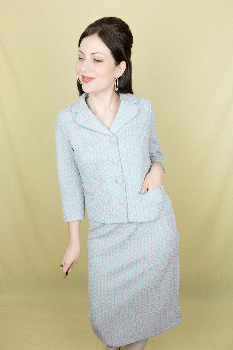 1960s Handmade Two Piece Skirt Suit Jacket Baby Pink Baby Blue Textured Crimplene