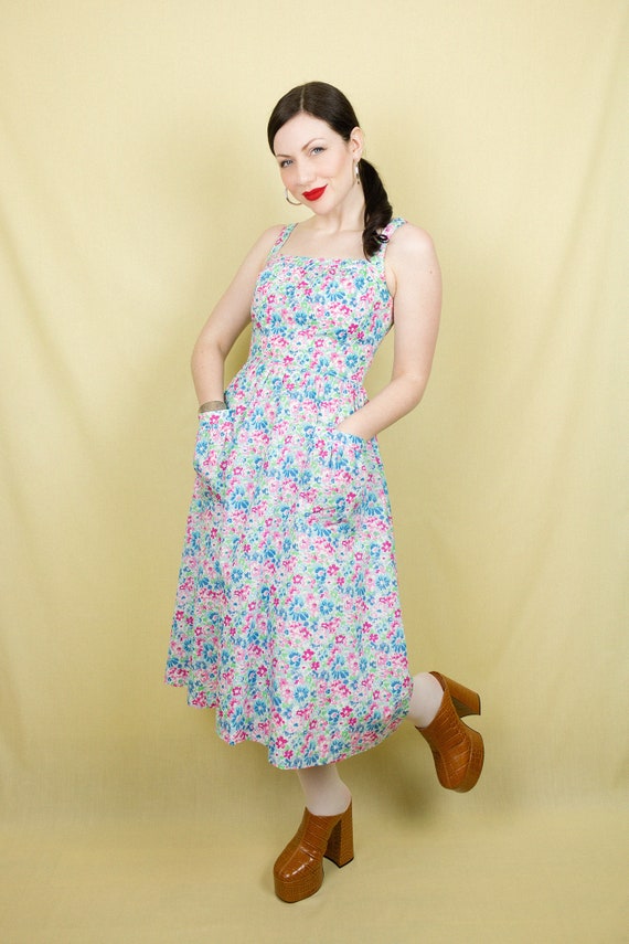 1970s Betty Barclay Floral Sun Dress Blue Pink Gr… - image 2