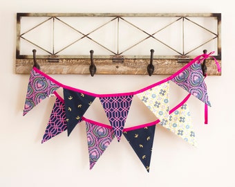 Fabric Bunting Banner, Decorative Flag Garland- Pink/Navy/Gold