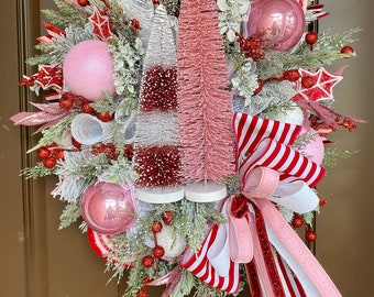 Bottle brush tree wreath, Red and Pink Christmas wreath, retro Christmas decorations for front door, glam Christmas wreath