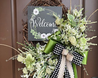 Welcome grapevine wreath for front door, twig and vine floral design, welcome home decor, year round door decor,