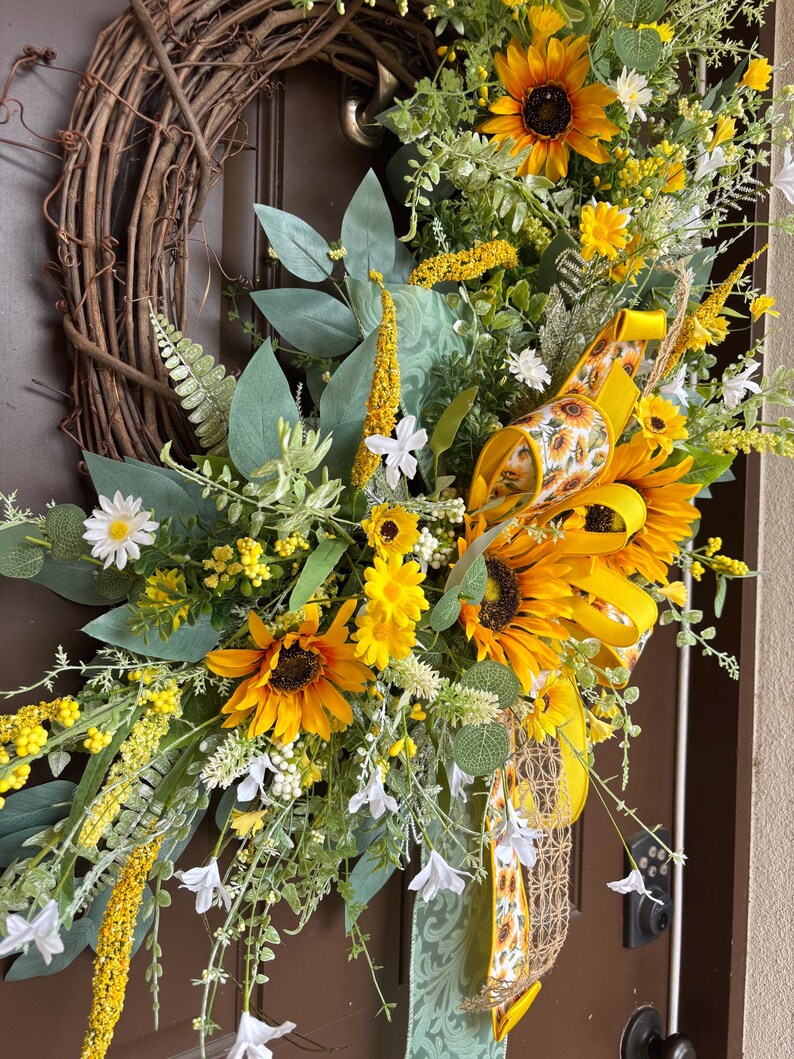 Sunflower Grapevine Wreath for Front Door With Bow and Wildflowers - Etsy