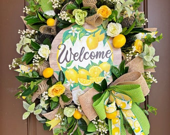 Welcome Lemon Deco Mesh Wreath For Front Door, Farmhouse Kitchen Decor, Citrus Home Accent, Year Round Wreath, Spring Design, Summer Design