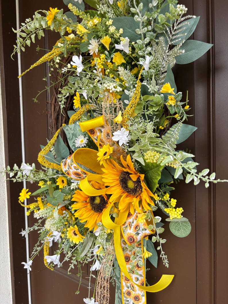 Sunflower Grapevine Wreath for Front Door With Bow and Wildflowers - Etsy